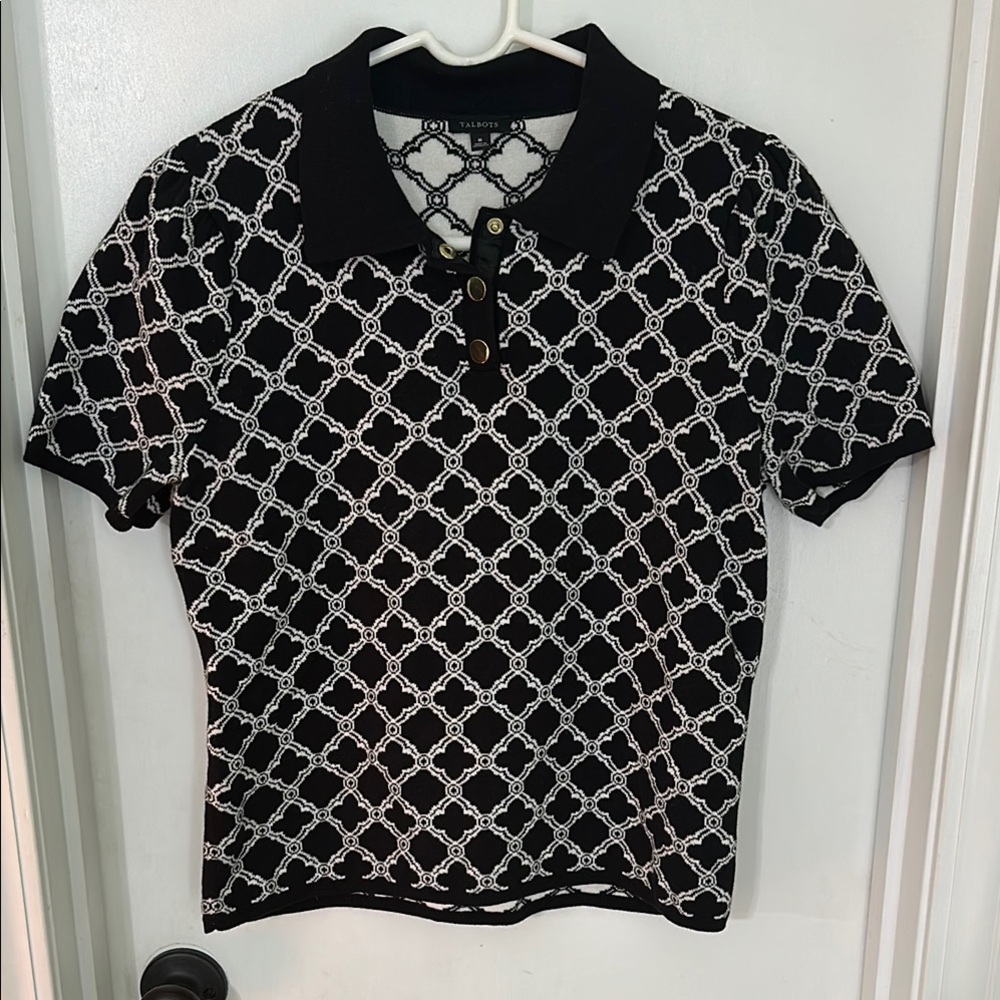 Talbots pattern black and white short sleeve sweater NWOT